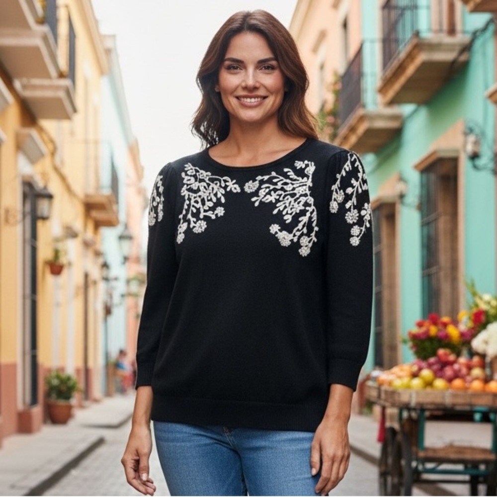 Rain Rose Chic Black Sweater with White Embroidery